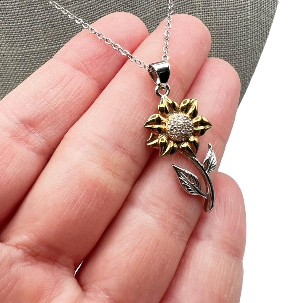 Silver & Gold Tone Sunflower Pave Rhinestone Cable Chain Necklace